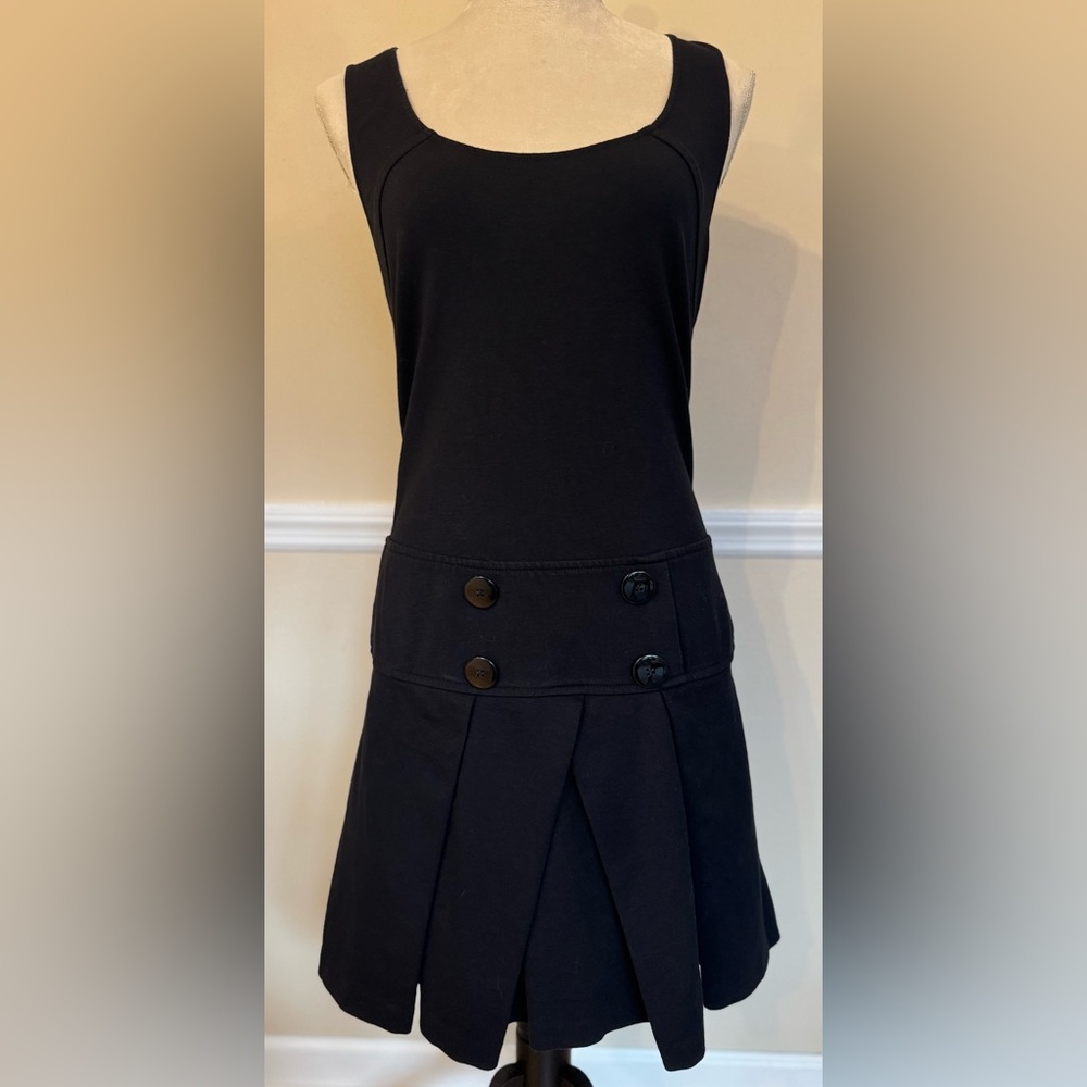 Stile Benetton Black Sleeveless Dress w/ Drop Waist Pleated Skirt & Buttons